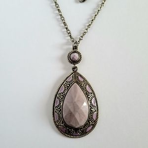 Purple Lilac Boho Teardrop Faceted Pendant Necklace Gold Bronze Tone
